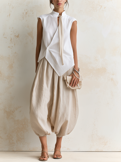 Kraagloze Tie Mouwloze Wikkel Linnen Top & Beige Ballon Linnen Broek Twee-Delige Set