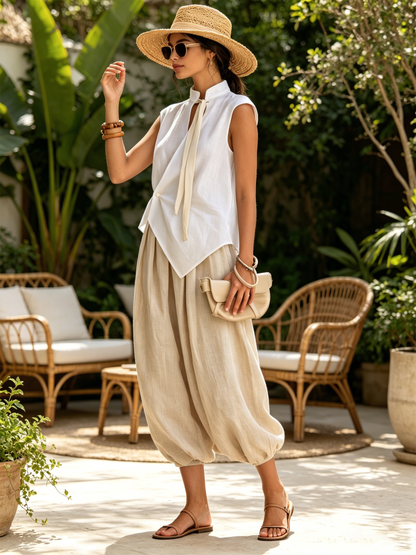 Kraagloze Tie Mouwloze Wikkel Linnen Top & Beige Ballon Linnen Broek Twee-Delige Set