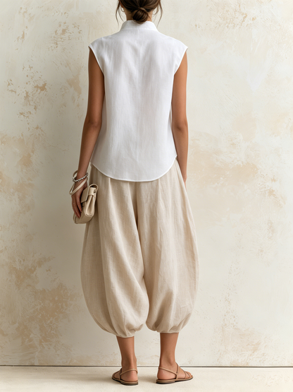 Kraagloze Tie Mouwloze Wikkel Linnen Top & Beige Ballon Linnen Broek Twee-Delige Set