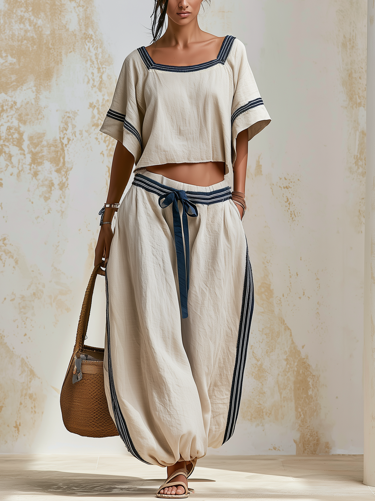 Ontspannen Gestreept Linnen Co-Ord Set – Vierkante Hals Cropped Top & Touwsluiting Harem Broek Vakantie Outfit
