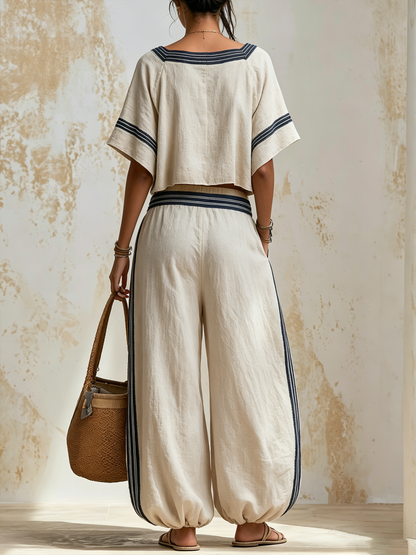 Ontspannen Gestreept Linnen Co-Ord Set – Vierkante Hals Cropped Top & Touwsluiting Harem Broek Vakantie Outfit