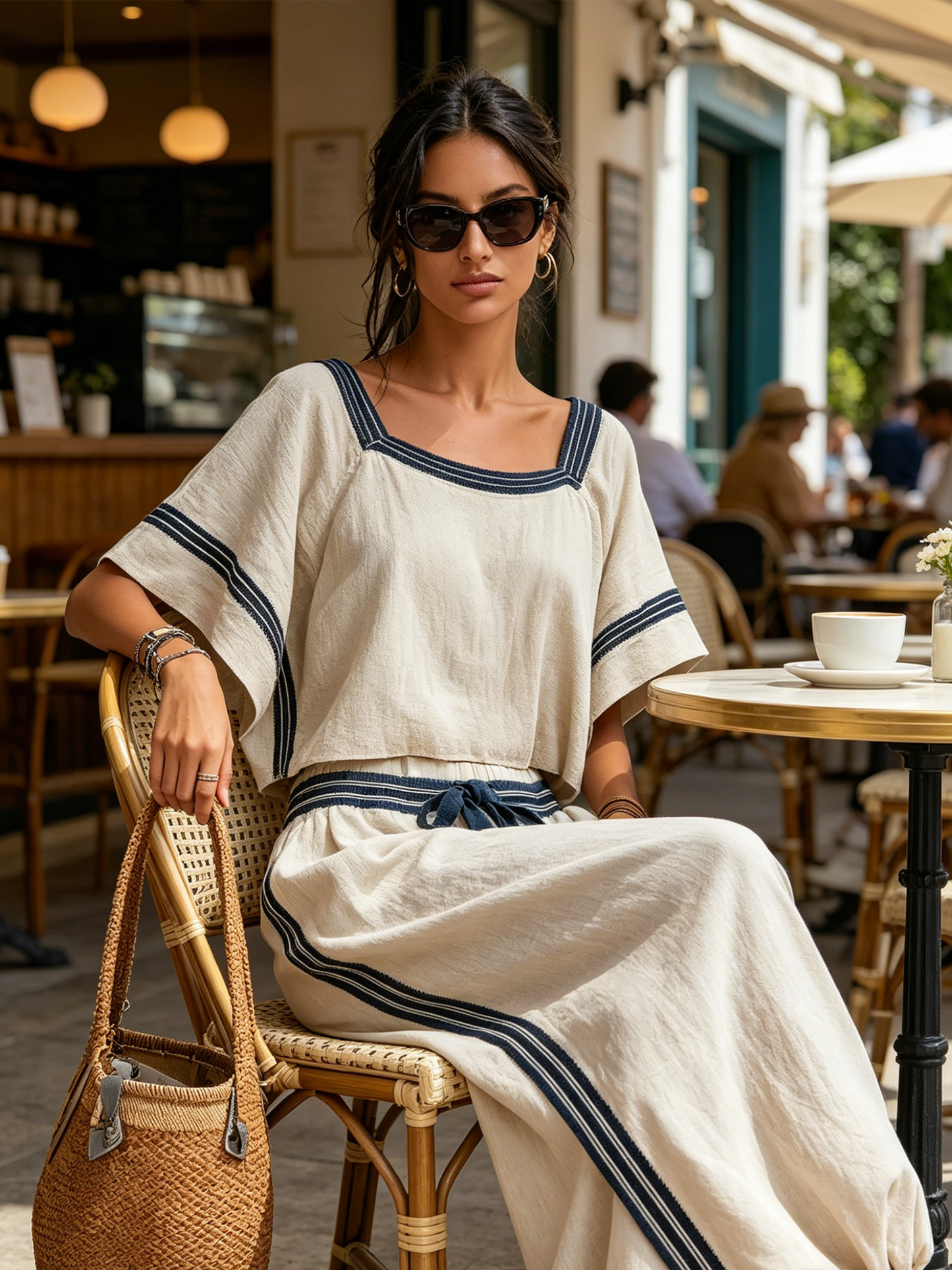 Ontspannen Gestreept Linnen Co-Ord Set – Vierkante Hals Cropped Top & Touwsluiting Harem Broek Vakantie Outfit