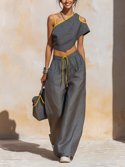 Grijze Linnen Contrast Gele Bies Asymmetrische Cold Shoulder Crop Top & Brede Pijpen Broek Twee-Delige Set