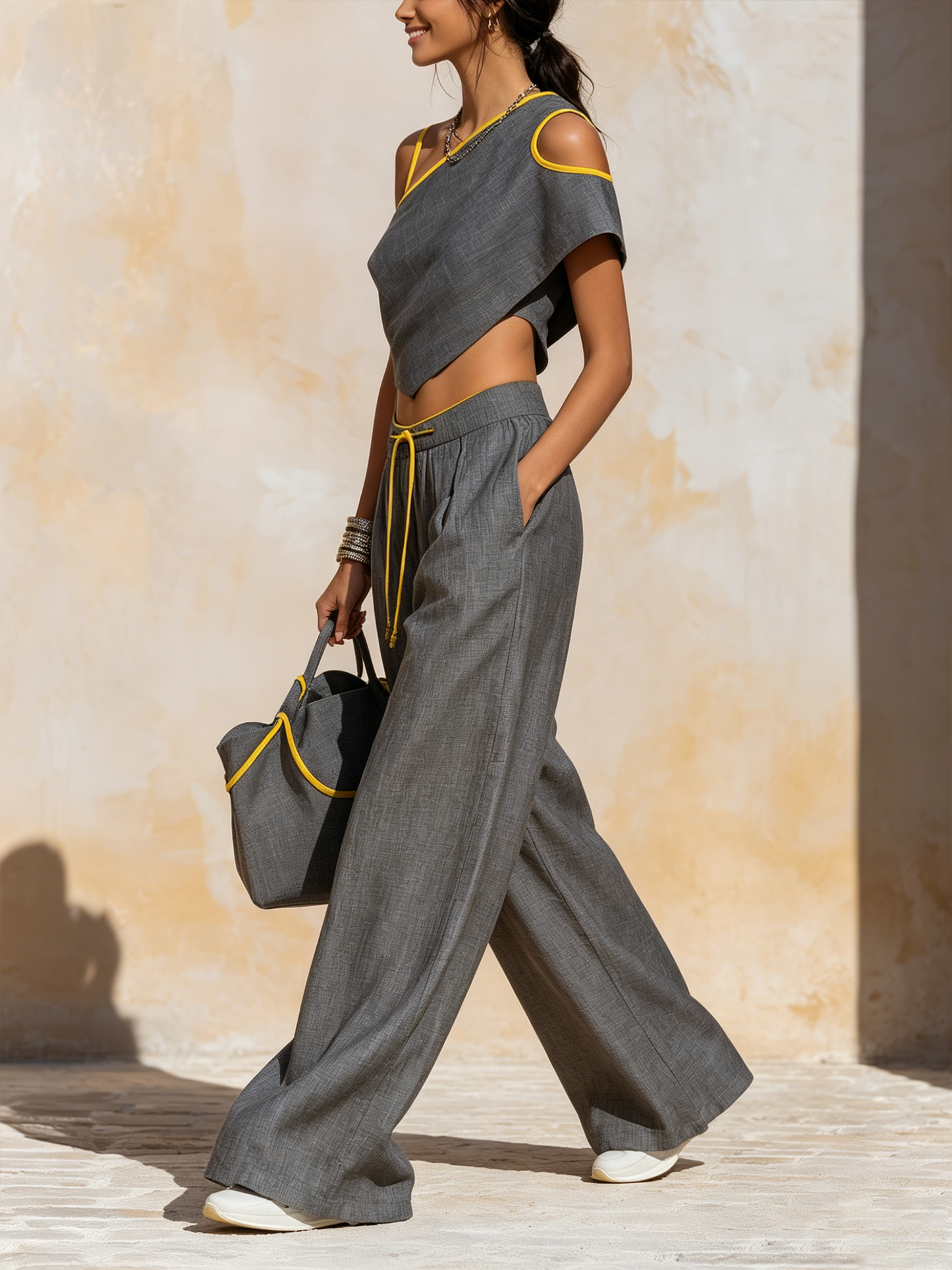 Grijze Linnen Contrast Gele Bies Asymmetrische Cold Shoulder Crop Top & Brede Pijpen Broek Twee-Delige Set