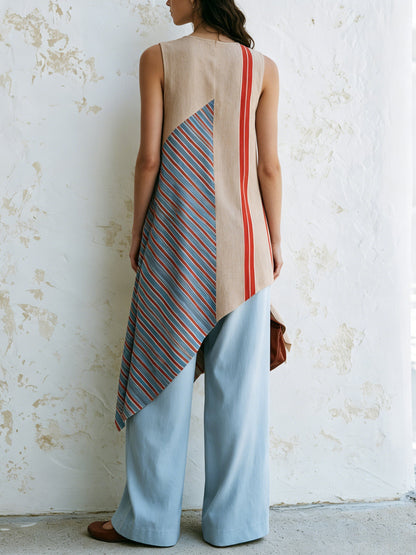Asymmetrische Kleurblok Mouwloze Tuniek Top & Wijde Pantalon Set – Moderne Artistieke Twee-Piece Outfit