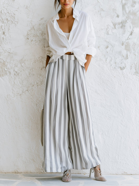 Ontspannen Oversized Witte Shirt Met Hoge Taille Gestreepte Wijde Broek Set