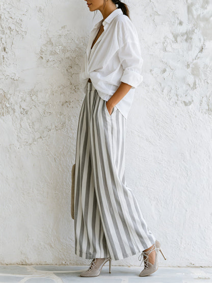 Ontspannen Oversized Witte Shirt Met Hoge Taille Gestreepte Wijde Broek Set