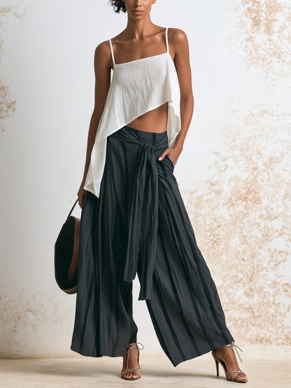 Asymmetrische Witte Cami & Gestreepte Wijdpijpen Broek Twee Stuk Vakantie Set