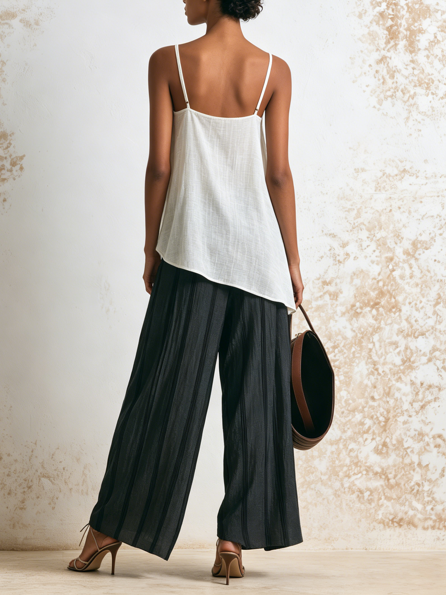 Asymmetrische Witte Cami & Gestreepte Wijdpijpen Broek Twee Stuk Vakantie Set