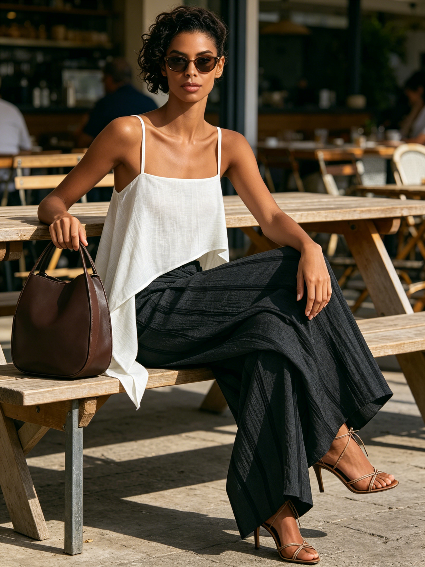 Asymmetrische Witte Cami & Gestreepte Wijdpijpen Broek Twee Stuk Vakantie Set