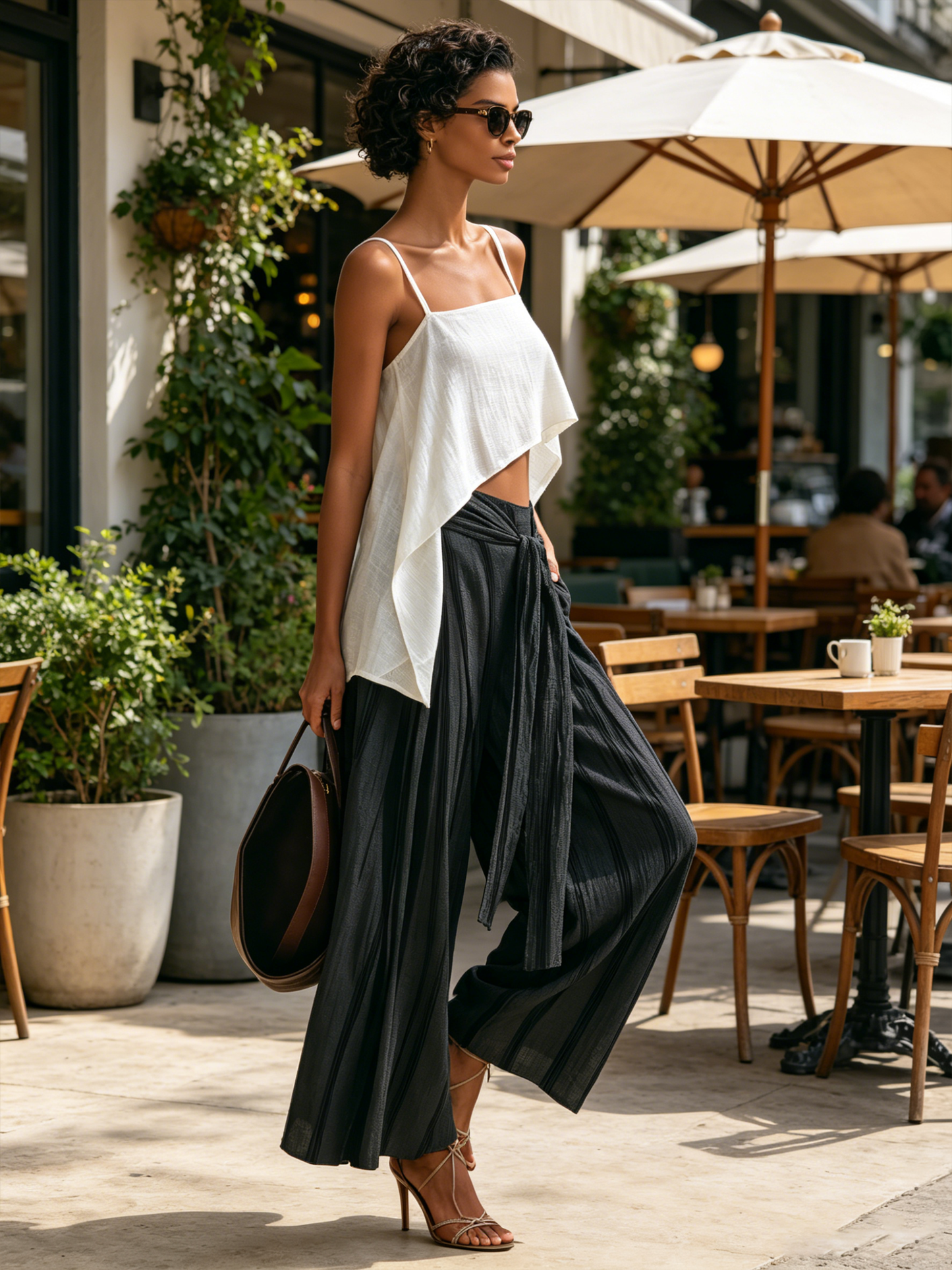 Asymmetrische Witte Cami & Gestreepte Wijdpijpen Broek Twee Stuk Vakantie Set