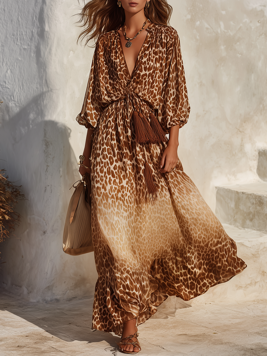 Retro maxi-jurk met V-hals en luipaardprint