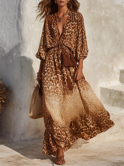 Retro maxi-jurk met V-hals en luipaardprint