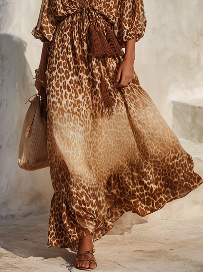 Retro maxi-jurk met V-hals en luipaardprint