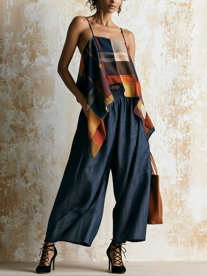 Kleurblok Ruit Asymmetrische Cami & Denim Wijde Broek Twee-Piece Set
