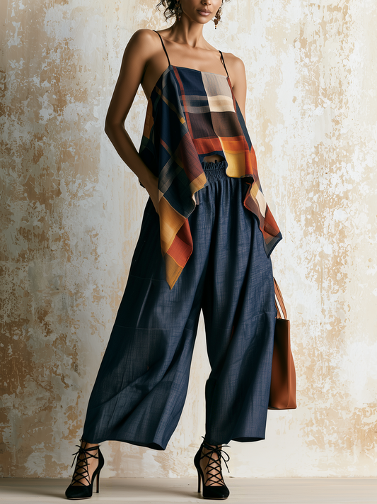 Kleurblok Ruit Asymmetrische Cami & Denim Wijde Broek Twee-Piece Set