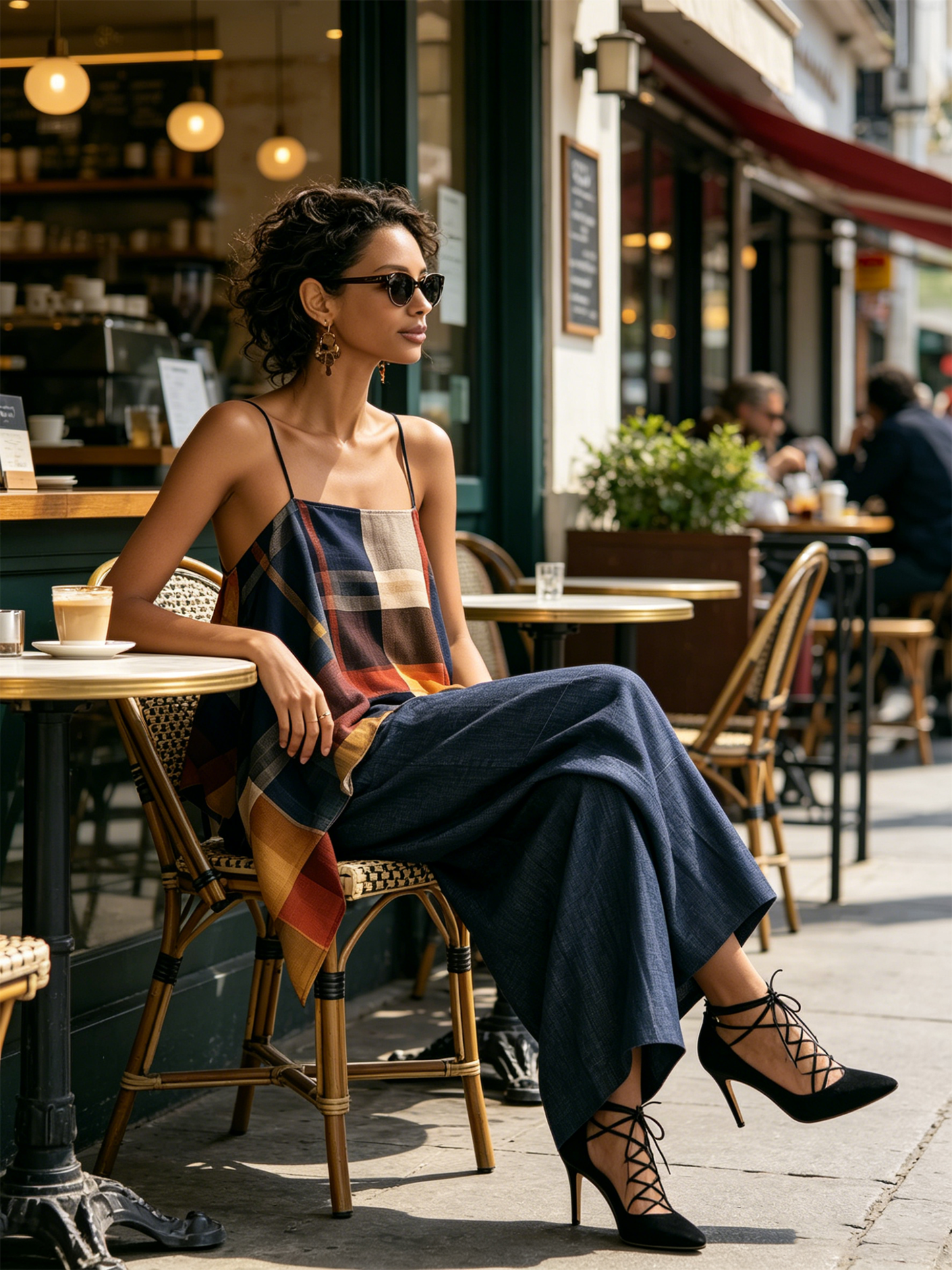 Kleurblok Ruit Asymmetrische Cami & Denim Wijde Broek Twee-Piece Set