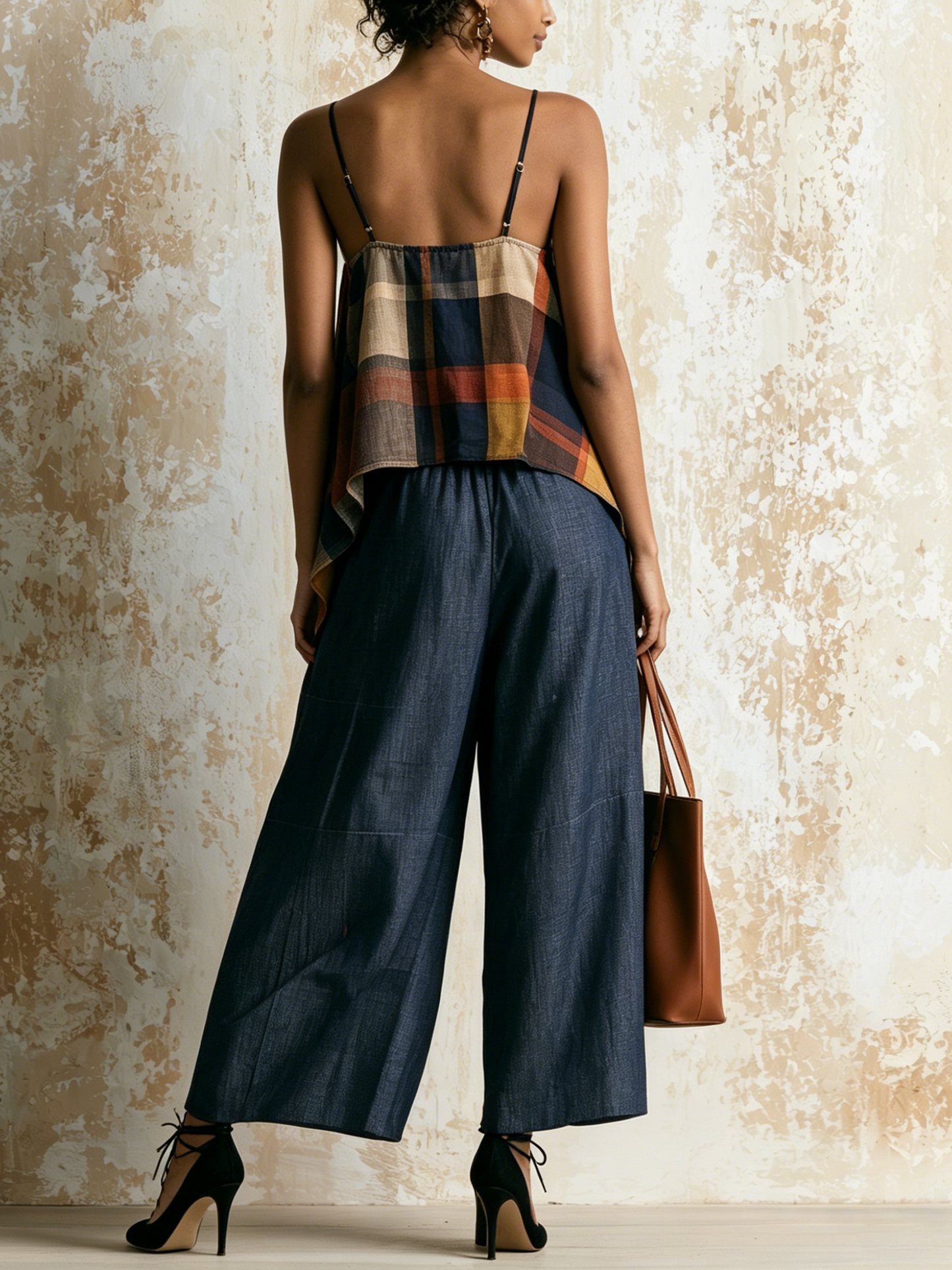 Kleurblok Ruit Asymmetrische Cami & Denim Wijde Broek Twee-Piece Set