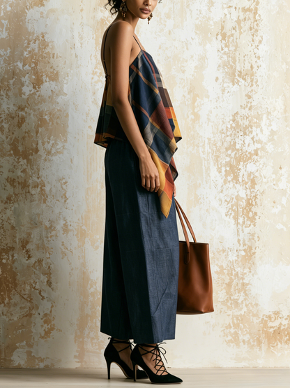 Kleurblok Ruit Asymmetrische Cami & Denim Wijde Broek Twee-Piece Set