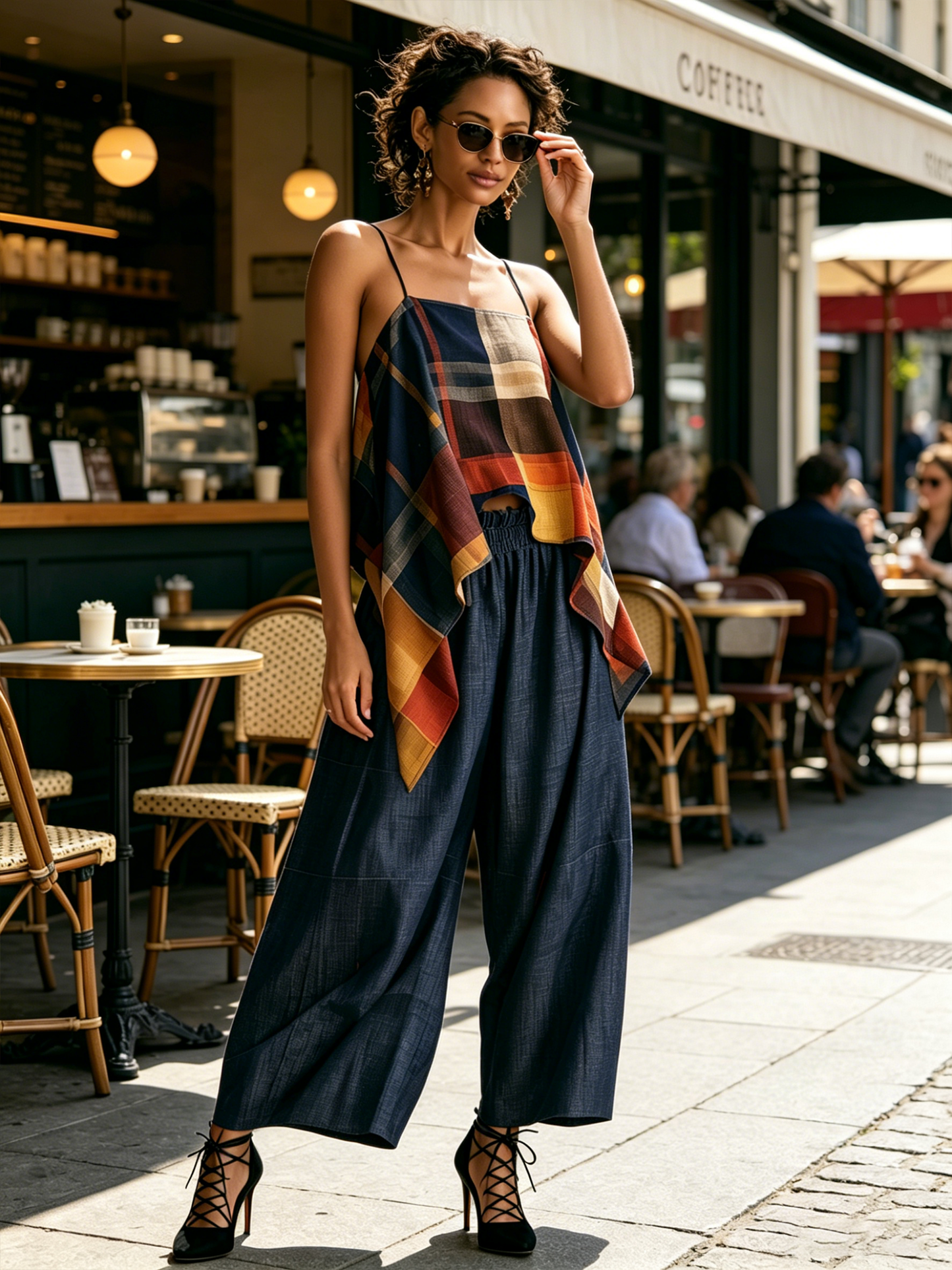 Kleurblok Ruit Asymmetrische Cami & Denim Wijde Broek Twee-Piece Set