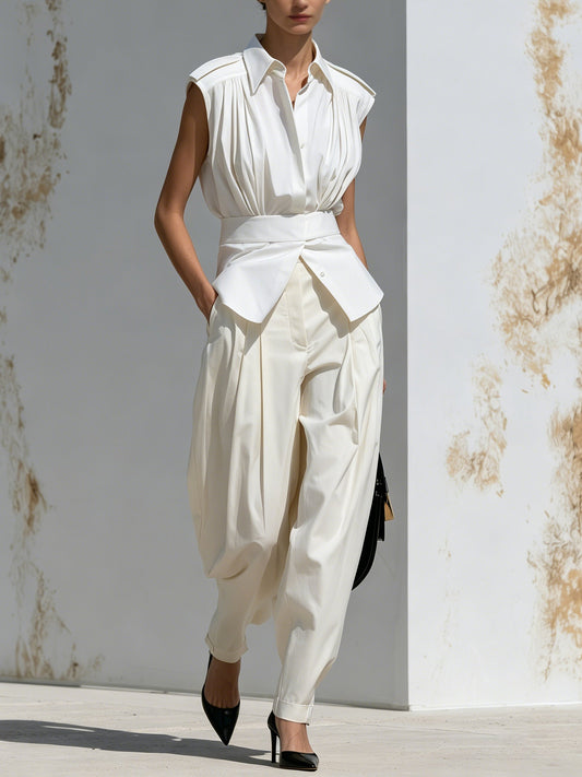 Ivory Sculpted Set – Mouwloos Geplooid Shirt & Hoge Taille Tapered Broek Twee-Delige Outfit