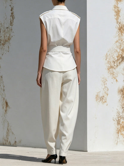 Ivory Sculpted Set – Mouwloos Geplooid Shirt & Hoge Taille Tapered Broek Twee-Delige Outfit