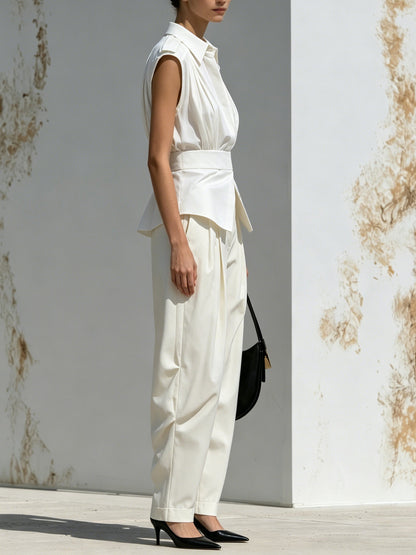 Ivory Sculpted Set – Mouwloos Geplooid Shirt & Hoge Taille Tapered Broek Twee-Delige Outfit