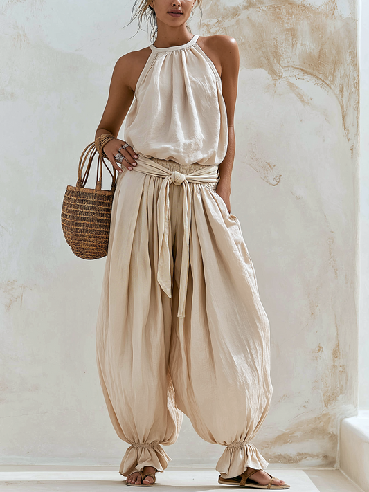 Crème Halter Twee-Delige Linnen Set