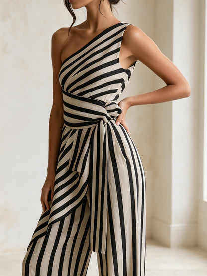 Asymmetrische Een-Schouder Gestreepte Jumpsuit – Elegante Hoge Taille Wijde Pijpen Statement Outfit
