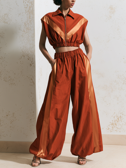 Rust Oranje Satijnen Contrast 2-Delige Outfit, Mouwloze Rits Crop Shirt & Elastische Hoge Taille Wijde Pijpen Set