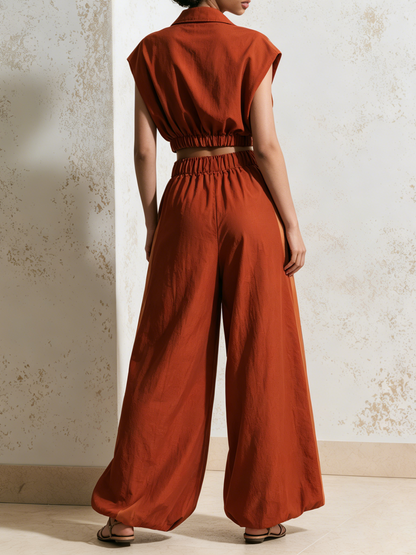 Rust Oranje Satijnen Contrast 2-Delige Outfit, Mouwloze Rits Crop Shirt & Elastische Hoge Taille Wijde Pijpen Set