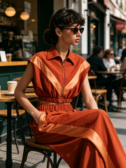 Rust Oranje Satijnen Contrast 2-Delige Outfit, Mouwloze Rits Crop Shirt & Elastische Hoge Taille Wijde Pijpen Set