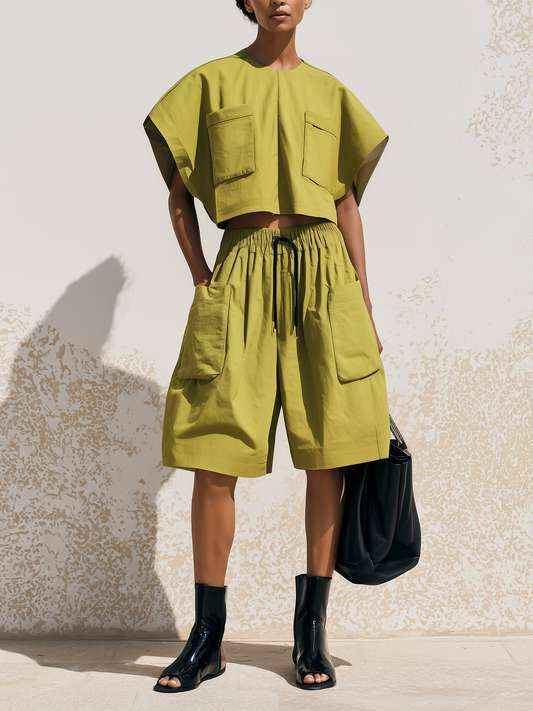 Olijf Groene Cargo Twee-Delige Set Gekruiste Batwing Top & Elastische Taille Wijde Culotte Shorts