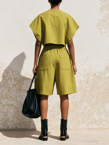 Olijf Groene Cargo Twee-Delige Set Gekruiste Batwing Top & Elastische Taille Wijde Culotte Shorts