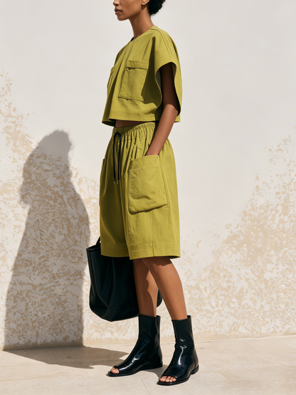 Olijf Groene Cargo Twee-Delige Set Gekruiste Batwing Top & Elastische Taille Wijde Culotte Shorts