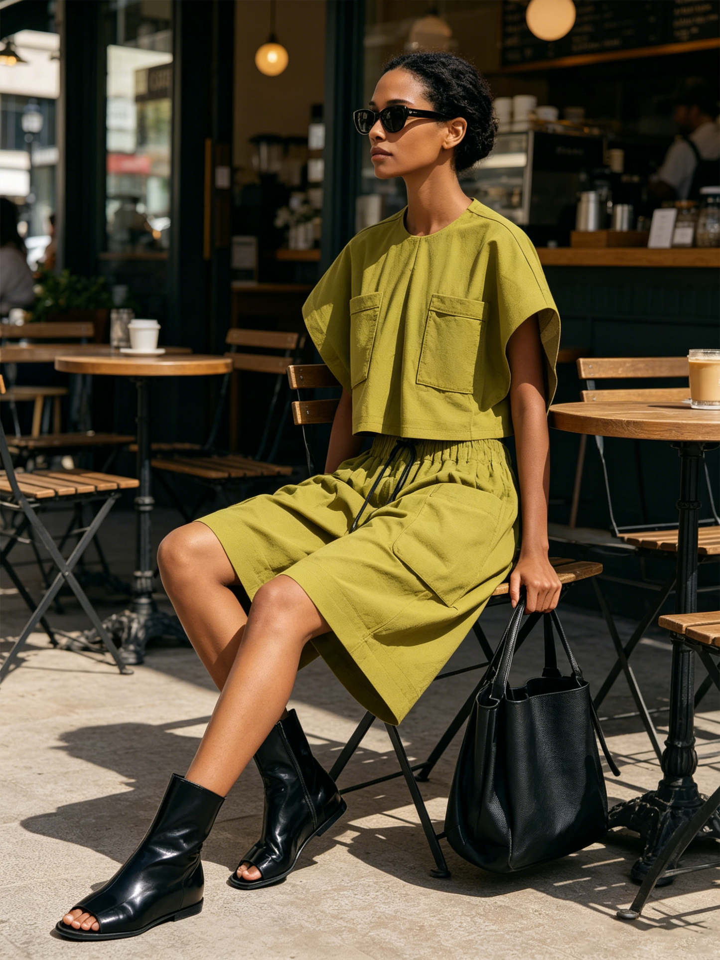 Olijf Groene Cargo Twee-Delige Set Gekruiste Batwing Top & Elastische Taille Wijde Culotte Shorts