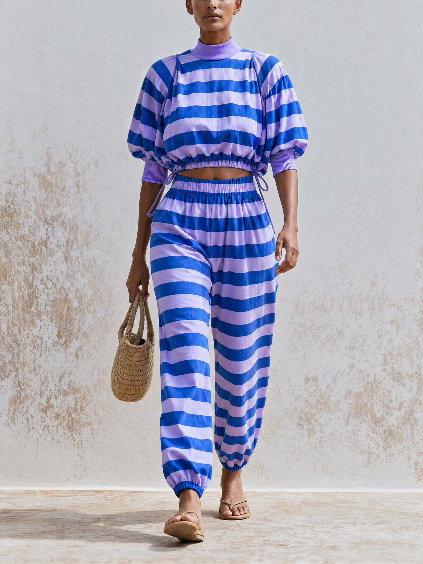 Machinewasbare gestreepte twee-delige set, mock neck puff sleeve crop top & elastische joggerbroek set