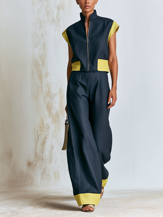 Donkere Geweven Staande Kraag Rits Mouwloze Vest & Brede Pantalon 2-Delige Set Met Gele Dunne Streep Kleurblok Trim