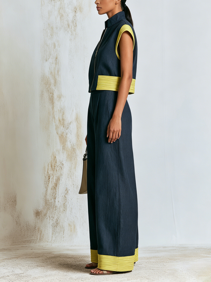 Donkere Geweven Staande Kraag Rits Mouwloze Vest & Brede Pantalon 2-Delige Set Met Gele Dunne Streep Kleurblok Trim