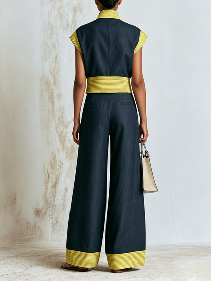 Donkere Geweven Staande Kraag Rits Mouwloze Vest & Brede Pantalon 2-Delige Set Met Gele Dunne Streep Kleurblok Trim