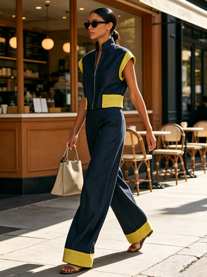 Donkere Geweven Staande Kraag Rits Mouwloze Vest & Brede Pantalon 2-Delige Set Met Gele Dunne Streep Kleurblok Trim