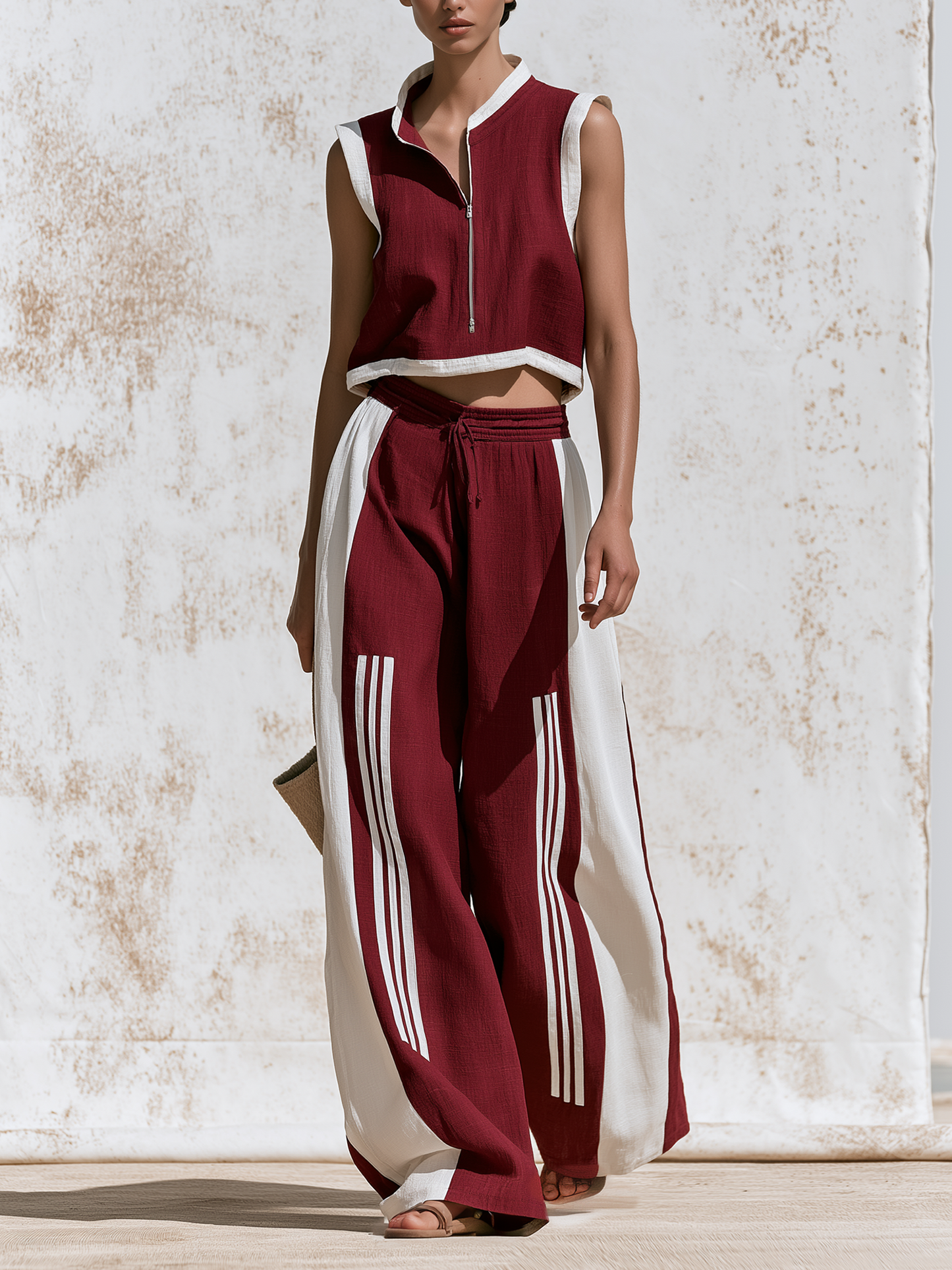 Rood & Witte Katoen-Linnen Mouwloze Ritsvest en Brede Pantalon Set