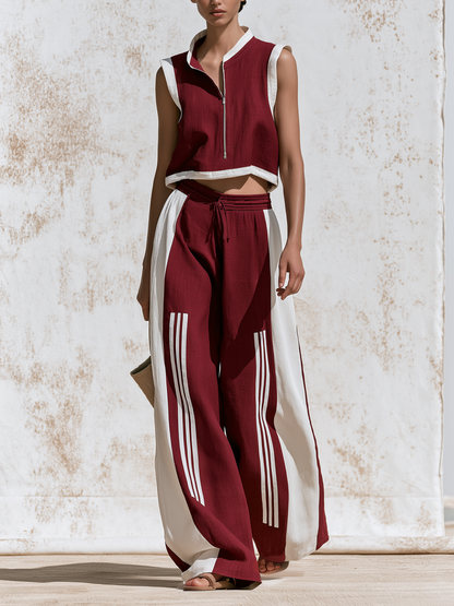 Rood & Witte Katoen-Linnen Mouwloze Ritsvest en Brede Pantalon Set