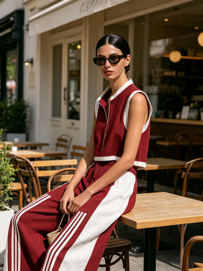 Rood & Witte Katoen-Linnen Mouwloze Ritsvest en Brede Pantalon Set