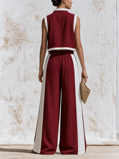 Rood & Witte Katoen-Linnen Mouwloze Ritsvest en Brede Pantalon Set