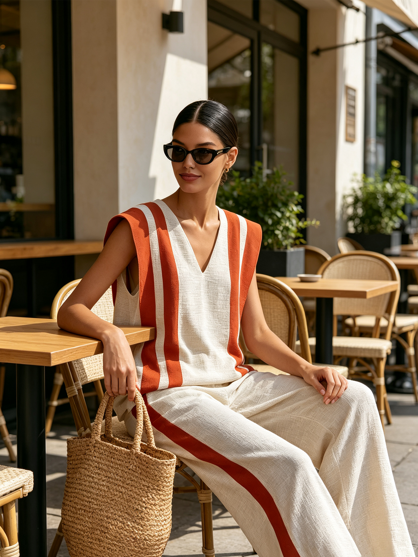 Rust Stripe Linnen Katoen Twee-delige Set, Mouwloze V-hals Top & Wijde Pantalons