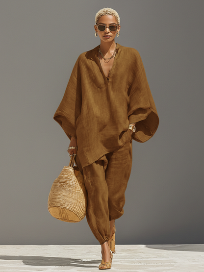 Dames Neutraal Linnen Set Met Asymmetrische Zoom & Minimalistisch Ontwerp, Verfijnde Dagelijkse Casual Stijl Set MDZ0501B3I