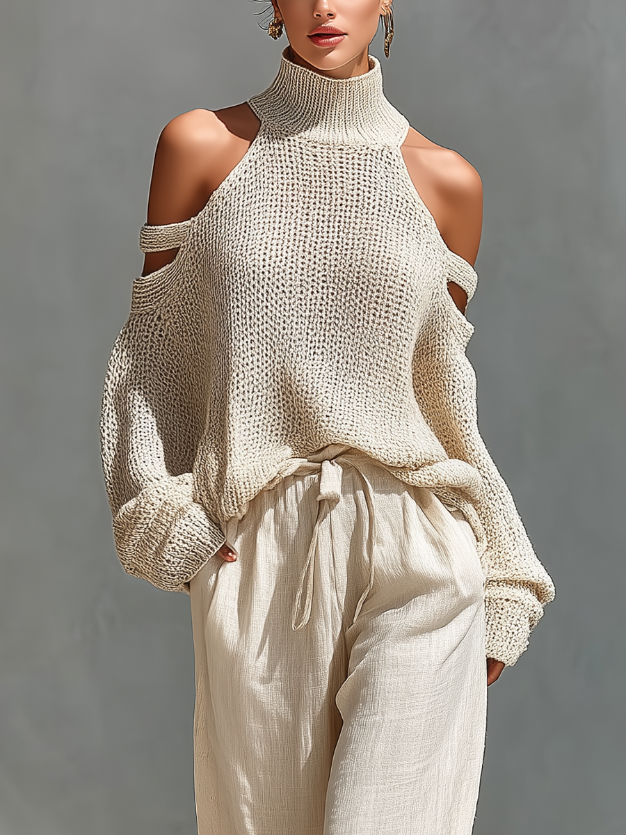 Dames Beige Gebreide Katoen Koud-Schouder Turtleneck Top & Brede Pantalon Set MDZ0984A5T