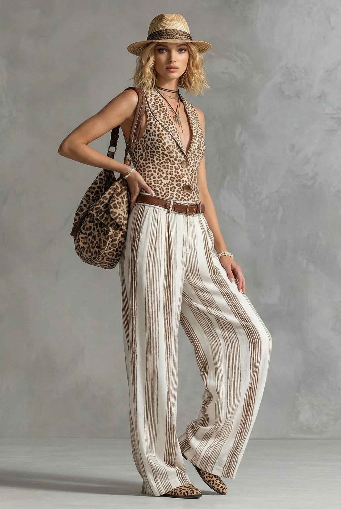 Luipaardprint Vest en Gestreepte Wijde Broek Set