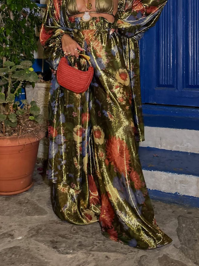 Unieke Bloemenprint Satijnen Wijde Broek